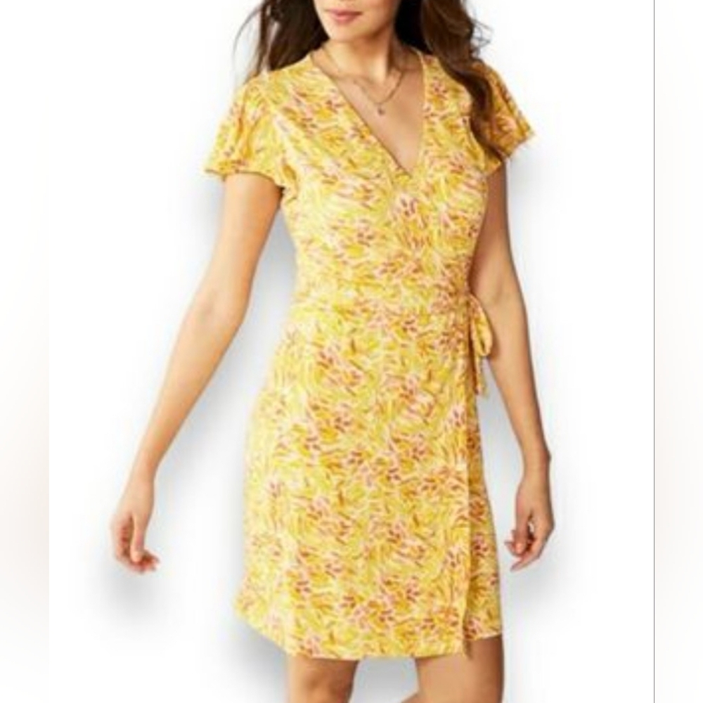 Nine West Yellow, Orange, and Red Floral Midi Mock-Wrap Dress (Size L)